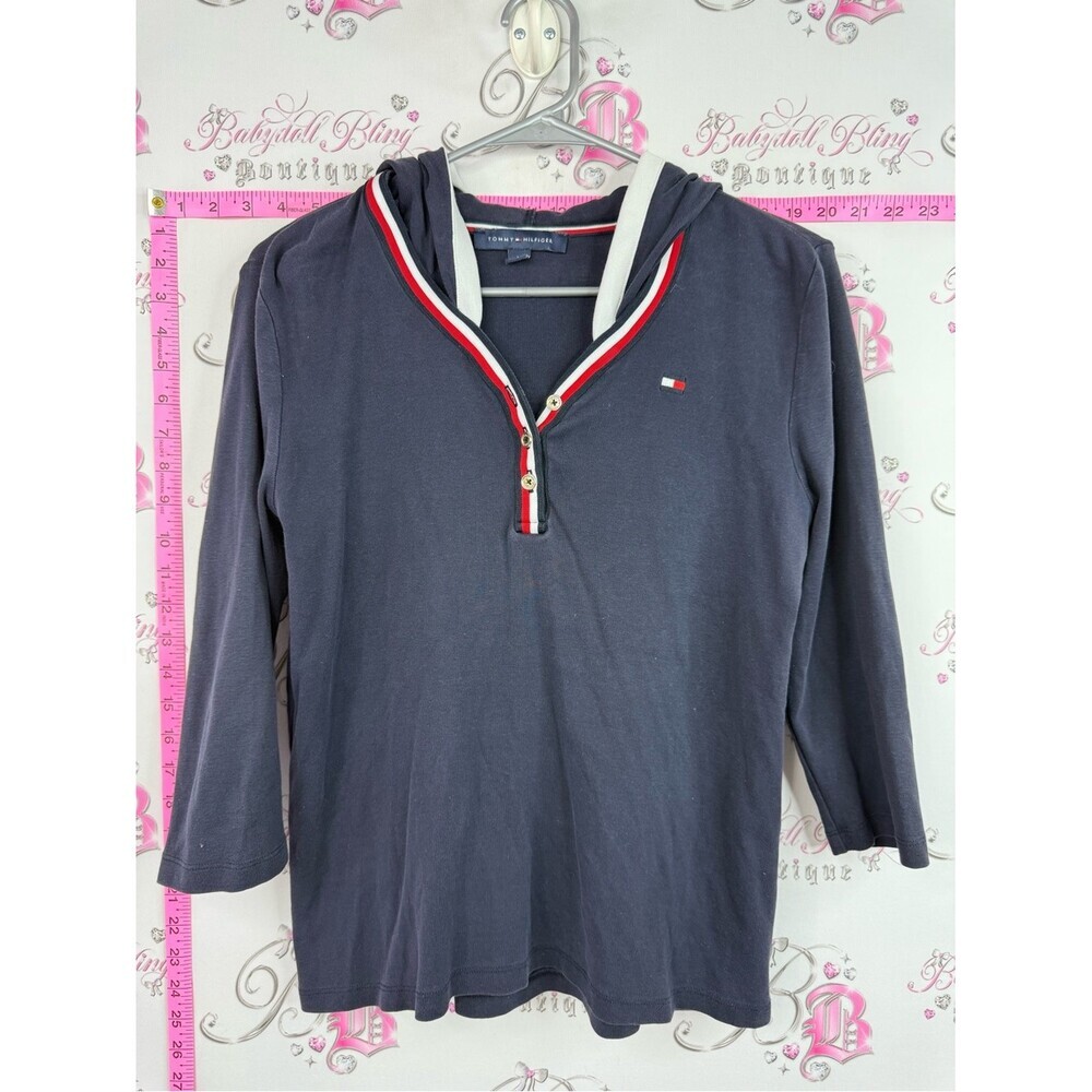 Tommy Hilfiger top Navy Hooded Pullover with Red & White Trim
